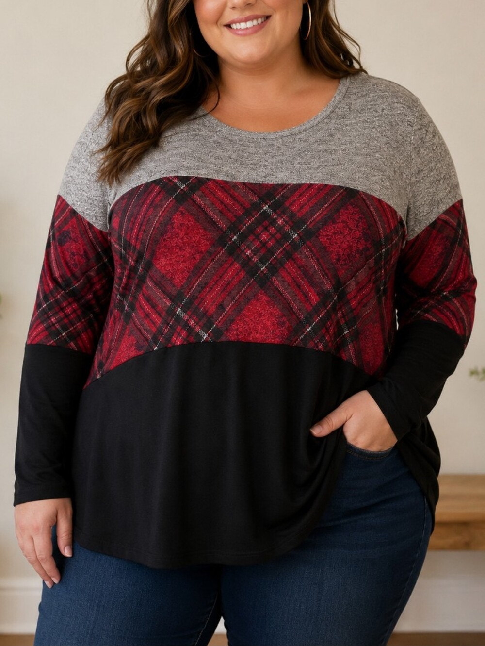 Maurices Red Plaid Colorblock Long-Sleeve Top with Gray and Black Panels